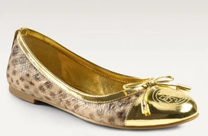 NIB TORY BURCH Verbena Snake Embossed Leather/Gold Patent Ballet Flat Size 11 M - Picture 1 of 12