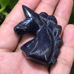 1pc Natural blue gold sand unicorn skull quartz crystal carved reiki heal  2'' - Picture 1 of 11