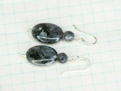 Larvikite Black Labradorite 13x 18mm Oval Gemstone .925 Sterling Silver Earrings - Image 1 of 4
