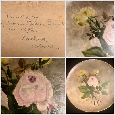 Antique Folkart Oil Painting “Roses” 1892 by Sophronia Butler Smith Nashua Iowa - Image 1 of 4