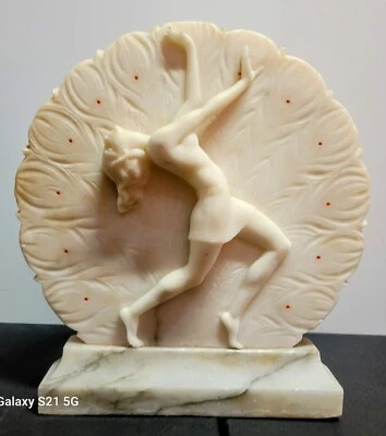 Deco Semi Nude Lady Woman Mantle Lamp Statue Marble Alabaster Peacock Feathers - Image 1 of 4