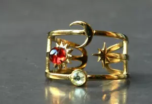 Damen Ring Edelstein Sonne Mond Sterne vergoldet größenverstellbar Geschenk Frau - Bild 1 von 10