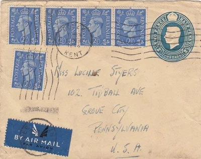 GVI Airmail to USA Multi 2½d Franking with 2½d Envelope Newcastle Sender - Image 1 of 2