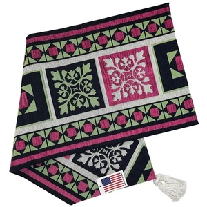 Mid Century Modern Clara Table Runner Block Bordered Tapestry Pink Green 72" NEW - Picture 1 of 2