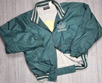 老式阿迪达斯轰炸机夹克男式 M 绿色三叶草火鸟 Fullzip 80 年代罕见美国 — 第 1/4 张图片
