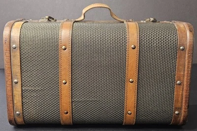 Vintage Wooden Suitcase Faux Leather Accents, Metal Hardware, Mesh Outer Shell - Image 1 of 4