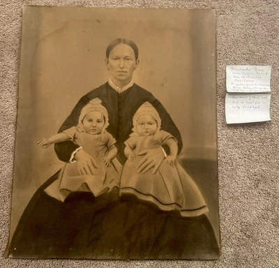 Antique 1870s Charcoal Portrait on Canvas Grandma w Twin Infants Mourning 16x20 - Image 1 of 4