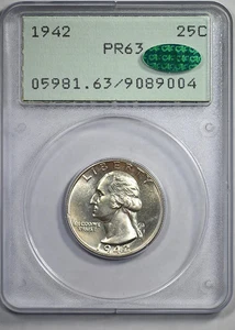 1942 Proof Washington Quarter 25C PCGS Rattler PR63 CAC - Picture 1 of 5