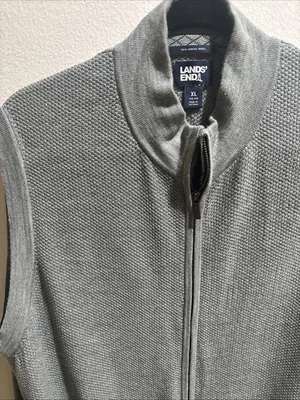 Lands End Wool Sweater Vest Mens XL Gray 100% Merino Wool Lightweight Full Zip - Image 1 of 4