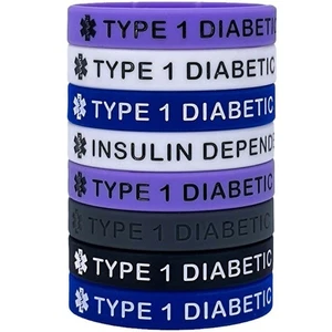 5 Pack Adult Size Diabetes Wristbands Type 1 Diabetic Silicone Bracelets - Picture 1 of 18