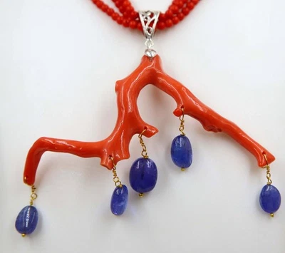 Conjunto de contas de ouro 14K italiano em bastão de coral mediterrâneo tanzanita peral - Imagem 1 de 2