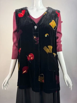 Chaleco de Terciopelo Bordado Colección David Dart De Colección Negro Rosa Arte Caprichoso con Foto 1 de 4
