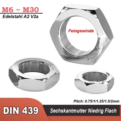 Sechskantmutter Feingewinde Niedrig Flach Din 439 Edelstahl A2 V2a M6 M8 M10~M30 - Bild 1 von 4
