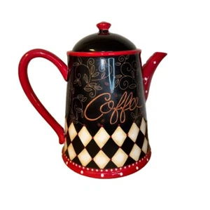 Vintage Ceramic Coffee Pot Certified International Harlequin Style Red Black Who - Picture 1 of 8
