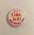 Vintage 1983 Coke White  Metal Button Sign Advertising Coke Red Rocks Colorado