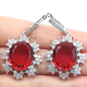 European Design Big Gemstone Red blood Ruby CZ Silver Earrings - Imagen 1 de 3