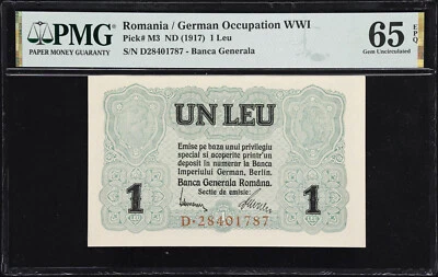Romania / German Occupation WWII One Leu ND (1917) Pick-M3 GEM UNC PMG 65 EPQ - Image 1 of 2
