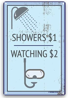 Letrero de metal de hojalata duchas de piscina $1 ver $2 divertido al aire libre 8x12 Foto 1 de 4