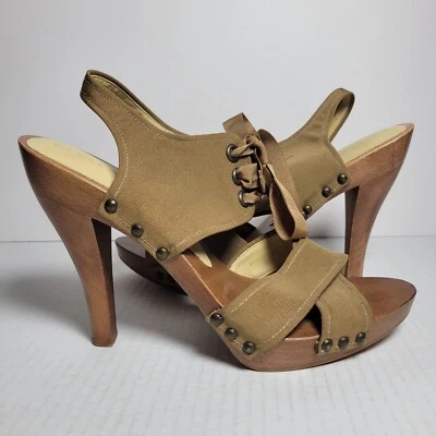 Sandalias de tacón Stella McCartney beige de lona con cordones de madera natural talla 39 Foto 1 de 4