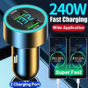 240W Car Super Fast Charger Dual USB Ports for IPhone Samsung-Phone Quick Charge - Imagen 1 de 3