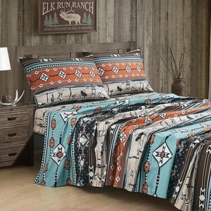 4-Piece Southwestern Cowboy Rodeo Sheet Set King Size - Multicolor Blue Brown Be - Picture 1 of 9