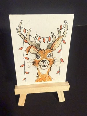 ACEO / Tarjeta de arte / Pintura en miniatura / Original - Acuarela, tinta Jackalope 2,5 x 3,5 Foto 1 de 2