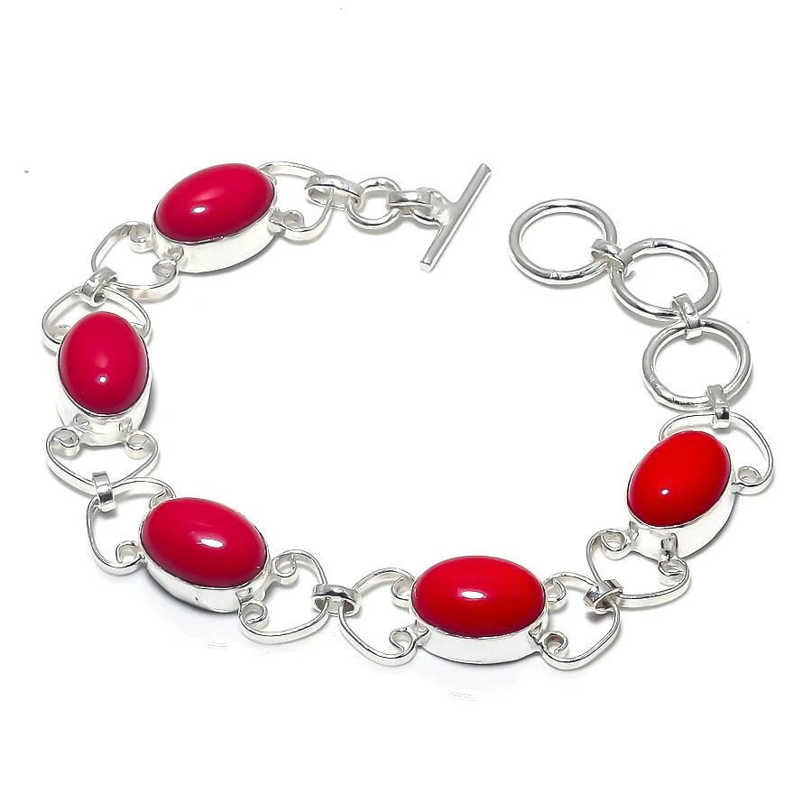 Brazalete de joyería de plata de ley 925 hecho a mano con piedras preciosas de coral rojo tamaño 7-8" Foto 1 de 1