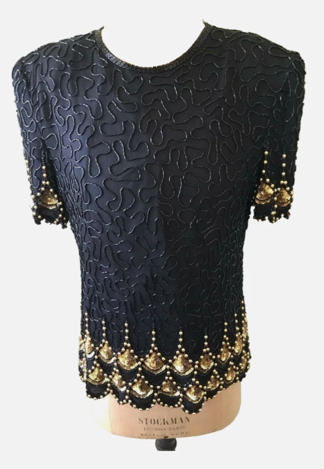 Blusa vintage años 80 Laurence Kazar grande negra lentejuelas adornada con cuentas flapper Foto 1 de 4