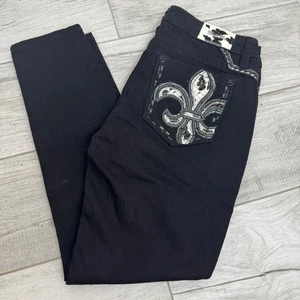 Pantalones de mezclilla ajustados Miss Me Fleur De Lis negros tiro medio adornados talla 31 x 29 - Imagen 1 de 8
