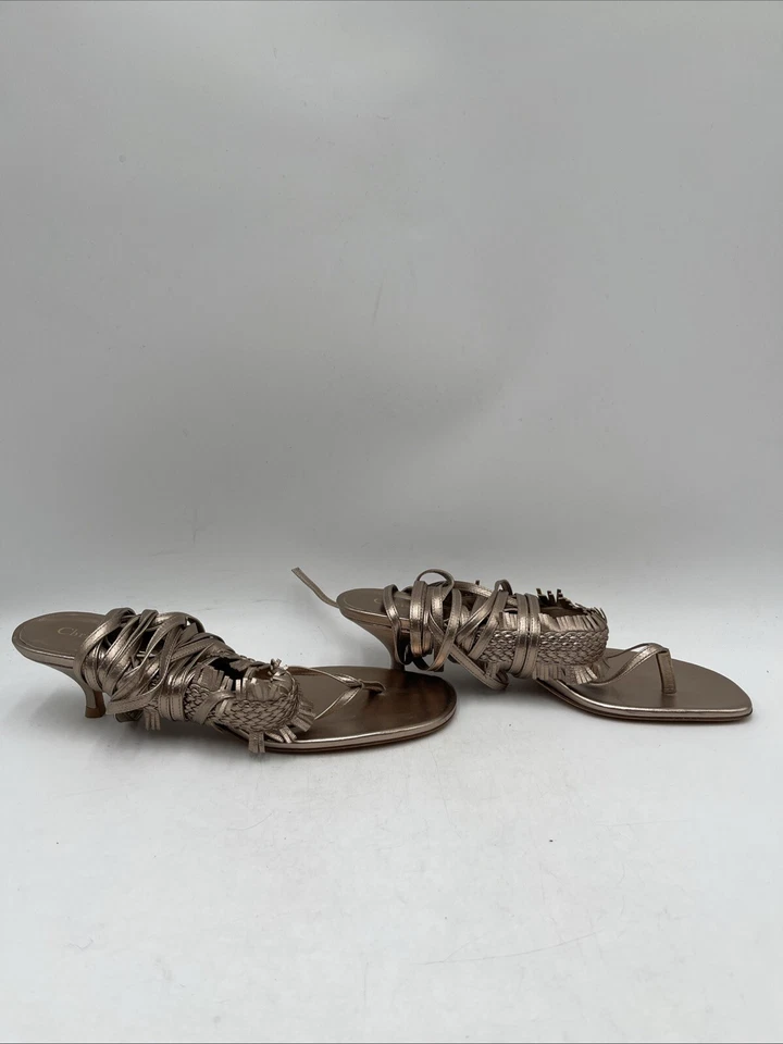 Sandalias Christian Dior de tacón envolvente al tobillo con punta abierta de cuero dorado rosa para mujer 39’s Foto 1 de 4