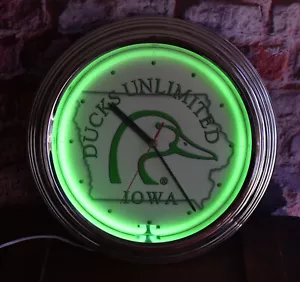 NOS Ducks Unlimited Iowa Campus Neon Light Up Clock - Picture 1 of 9