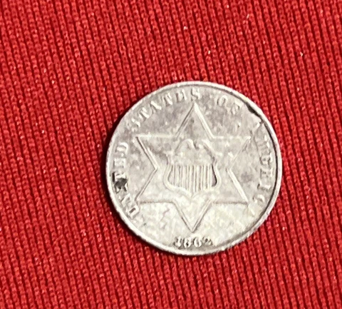 1862 Silver Three Cent Piece - TRIME , Damage-BENT Cover