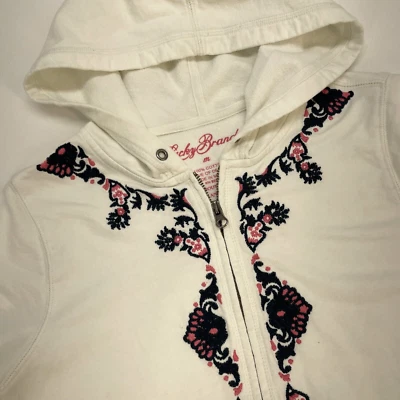 Lucky Brand Full Zip Hooded Long Sleeve Sweatshirt Woman’s M White Floral Design - Image 1 of 4