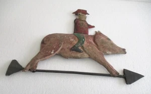 ANTIQUE OLD IRON MAN AND PIG WEATHER VANE EMBOSSED WEATHERVANE - Picture 1 of 7