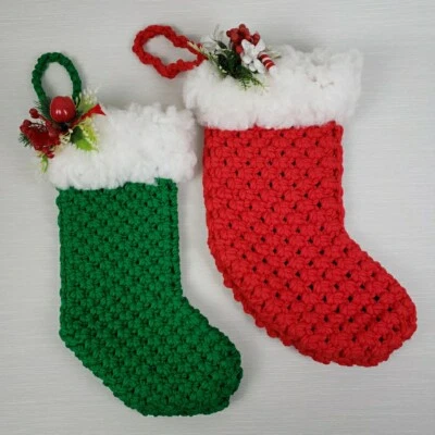 Macramé Christmas Stocking Red Green Handmade Holiday Plastic Pick MCM Vintage - Image 1 of 4