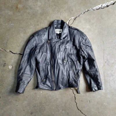 复古皮革摩托车夹克男式 L 码黑色机车拉链 90 年代 — 第 1/4 张图片