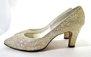 Vintage Rockabilly 50s 60s Joyce Gold Silver Thread Lame Pump Heel 6 2A/4A - Picture 1 of 6