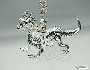 Silver Dragon Pearl Cage Red Ruby Eyes Maleficent Charm Locket Metal Pendant LE - Picture 1 of 10