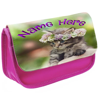 Personalised Cat Pencil Case Girls Pink School Stationary Bag Cute Kitten ST340 - Image 1 of 4
