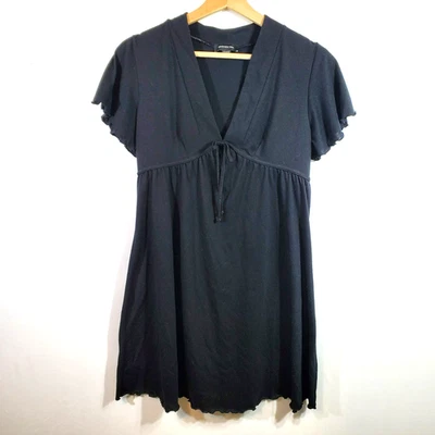 Jones New York SZ M Black Short Sleep Shirt Gown V Neck Short Sleeve Lettuce Hem - Image 1 of 4