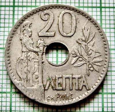 GREECE KINGDOM GEORGE I 1912 20 LEPTA, COAT OF ARMS & GODDESS ATHENA km# 64 - Image 1 of 4