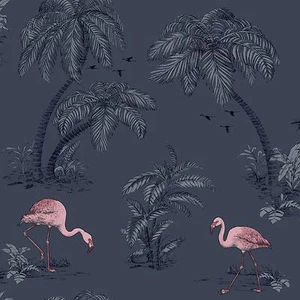 FLAMINGO WALLPAPER - TROPICAL BIRDS GLITTER PALM TREE - Picture 1 of 10