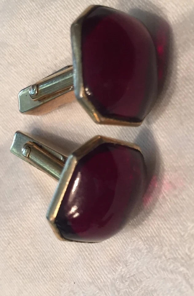 Vtg 60s Ruby Red Glass Cabochon Cufflinks 1/2" Goldtone Swank - Image 1 of 1