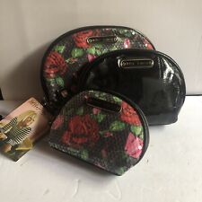 Betsey Johnson 3 piece Cosmetic Bag set Travel Makeup Cases Roses Sequin NEW