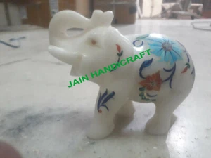 4" White Marble wild Elephant Malachite Inlay Stone home Decor room h10 - Picture 1 of 4