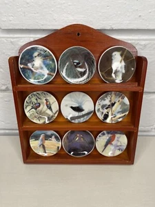 Vintage Miniature Australian Native Bird Plates Lot Of 9 With Wood Display Shelf - Imagen 1 de 14