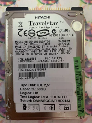 Hard Disk Usato IDE 2,5" 60GB HITACHI HTS541060G9AT00 13G1583 SA1175  - Immagine 1 di 4