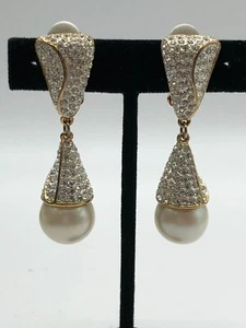 Pendientes colgantes de diamantes de imitación y perlas barrocas de colección Carre' firmados boda - Imagen 1 de 7