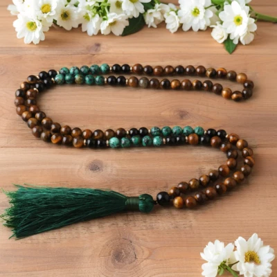 Natural Tiger Eye African Turquoise 108 Mala Beads Tassel Prayer Beads Necklace - Image 1 of 4