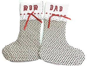 2 Vntg Quilted Christmas Stockings Christmas Tree Fabric- Stitched Mom & Dad - Picture 1 of 7